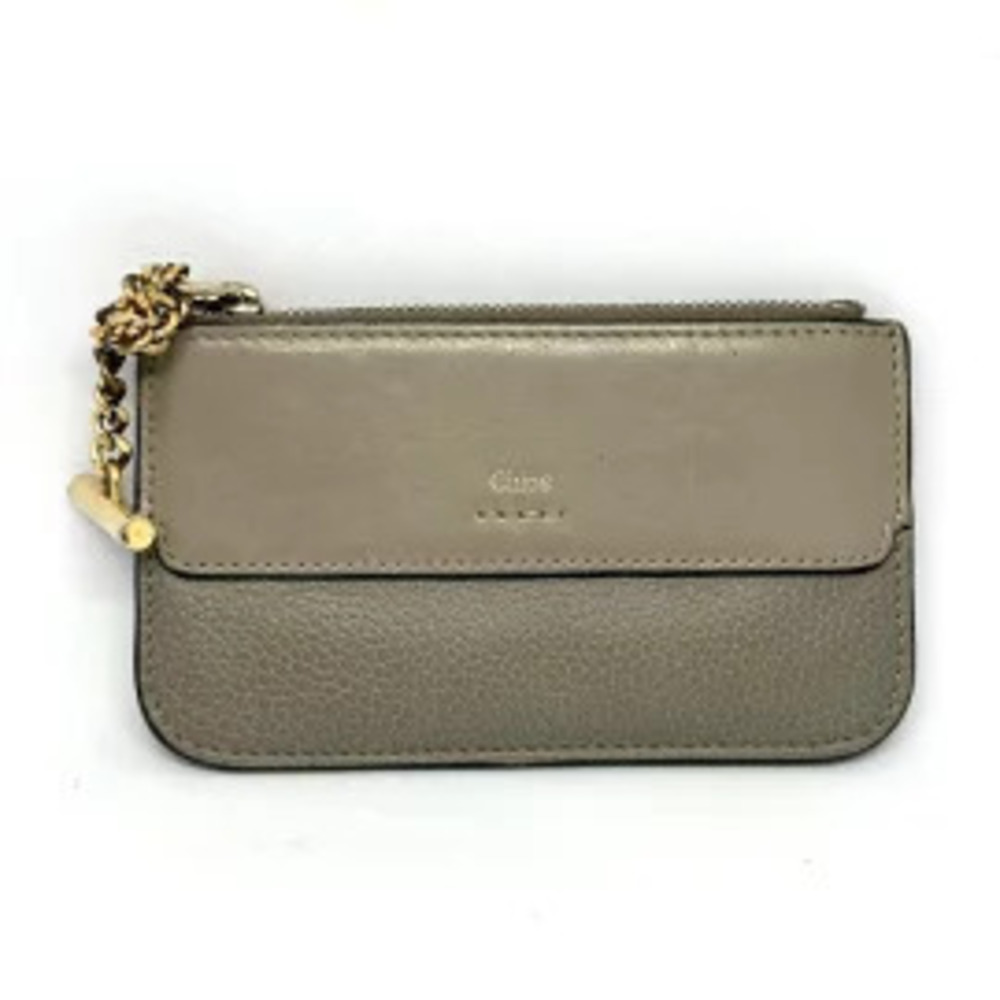 Chloe coin case Wallet key ring gray x Beige Cream leather